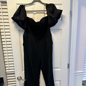 Black puff sleeve off the shoulder jumpsuit